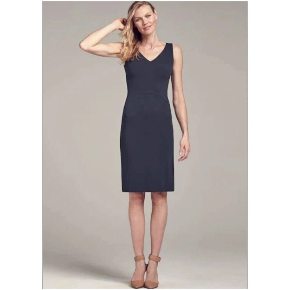 MM Lafleur Navy Blue Sheath Dress Womens Sz 6 V Neck Fitted Career Business